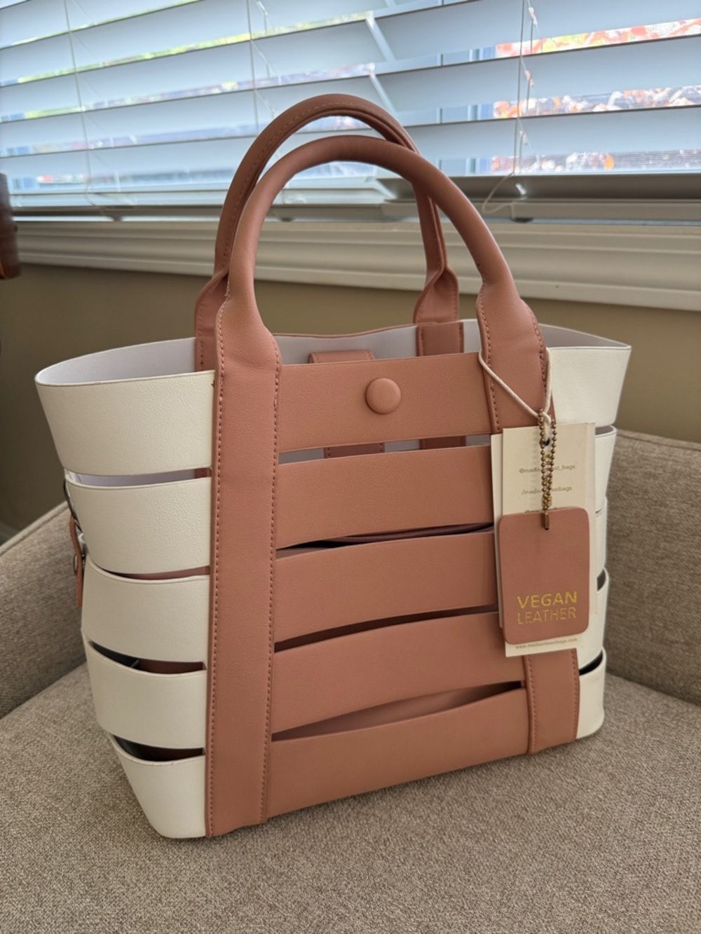 Anthropologie Two-Tone Vegan Leather Tote in Blush Pink and Cream